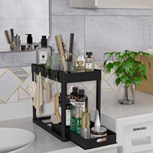 2PC Under Sink Organizer Rack 2 Tier Under Sliding Cabinet Basket Organizer Drawer with 4 Hooks, Multi-purpose Under Sink Storage for Bathroom Kitchen Desktop（Black）