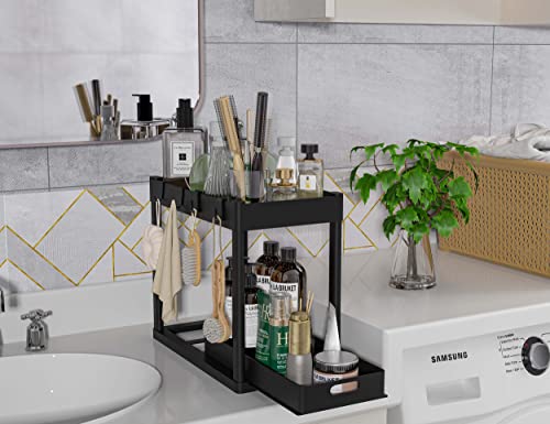 2PC Under Sink Organizer Rack 2 Tier Under Sliding Cabinet Basket Organizer Drawer with 4 Hooks, Multi-purpose Under Sink Storage for Bathroom Kitchen Desktop（Black）