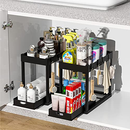 2PC Under Sink Organizer Rack 2 Tier Under Sliding Cabinet Basket Organizer Drawer with 4 Hooks, Multi-purpose Under Sink Storage for Bathroom Kitchen Desktop（Black）