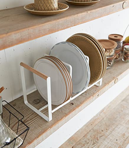 Yamazaki Plate Home Accented Storage Rack-Kitchen Holder Stand | Steel + Wood | Large | Dish Organizer, White