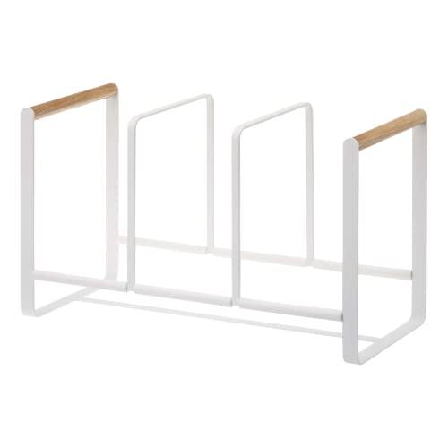 Yamazaki Plate Home Accented Storage Rack-Kitchen Holder Stand | Steel + Wood | Large | Dish Organizer, White