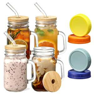 mason jars with handle, glass mugs with glass straws and bamboo lids & colorful airtight lids 4pcs set – 16oz old fashioned drinking glass cups, reusable travel tumbler for iced coffee, smoothie, tea