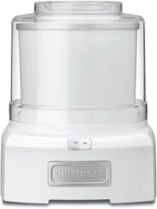 cuisinart ice-21p1 1.5-quart frozen yogurt, ice cream and sorbet maker, double insulated freezer bowl elminates the need for ice and makes frozen treats in 20 minutes or less, white