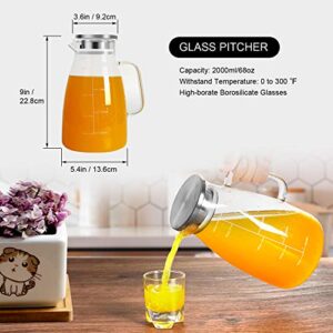 Glass Pitcher, 68oz Water Pitcher with Lid and Precise Scale Line, 18/8 Stainless Steel Iced Tea Pitcher, Easy Clean Heat Resistant Borosilicate Glass Jug for Juice, Milk, Cold or Hot Beverages