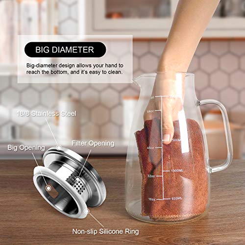 Glass Pitcher, 68oz Water Pitcher with Lid and Precise Scale Line, 18/8 Stainless Steel Iced Tea Pitcher, Easy Clean Heat Resistant Borosilicate Glass Jug for Juice, Milk, Cold or Hot Beverages