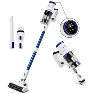 britech cordless lightweight stick vacuum cleaner, 300w motor for powerful suction 50min runtime, led display screen & headlights, great for carpet cleaner, hardwood floor & pet hair (blue)