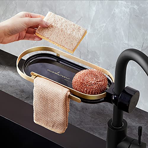 HPDEAR Faucet Sponge Holder with Towel Bar, Holder Sink Caddy Organizer for Kitchen, Hanging Faucet Drainer Rack for Bathroom  (Black)