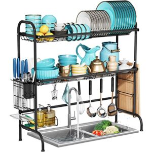 moukabal over the sink dish drying rack, over sink dish drying rack with 2 tier utensil holder,large stainless steel dish racks for kitchen counter(2 tier black)