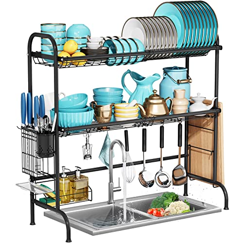 MOUKABAL Over The Sink Dish Drying Rack, Over Sink Dish Drying Rack with 2 Tier Utensil Holder,Large Stainless Steel Dish Racks for Kitchen Counter(2 Tier Black)