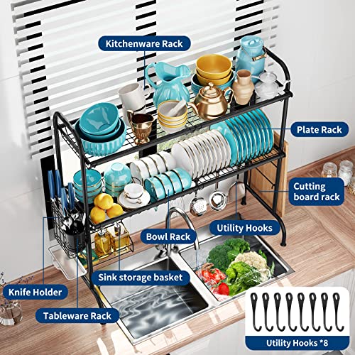 MOUKABAL Over The Sink Dish Drying Rack, Over Sink Dish Drying Rack with 2 Tier Utensil Holder,Large Stainless Steel Dish Racks for Kitchen Counter(2 Tier Black)