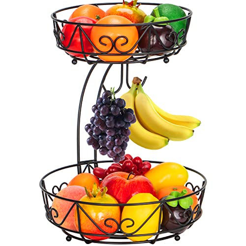 Auledio 2-Tier Countertop Fruit Vegetables Basket Bowl Storage With Double Banana Hanger, Black