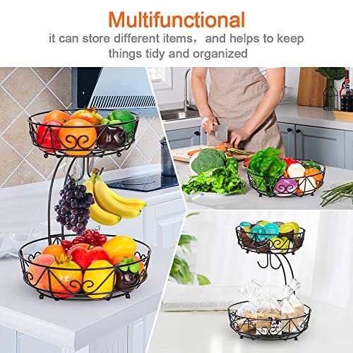 Auledio 2-Tier Countertop Fruit Vegetables Basket Bowl Storage With Double Banana Hanger, Black