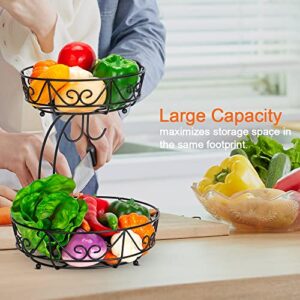 Auledio 2-Tier Countertop Fruit Vegetables Basket Bowl Storage With Double Banana Hanger, Black