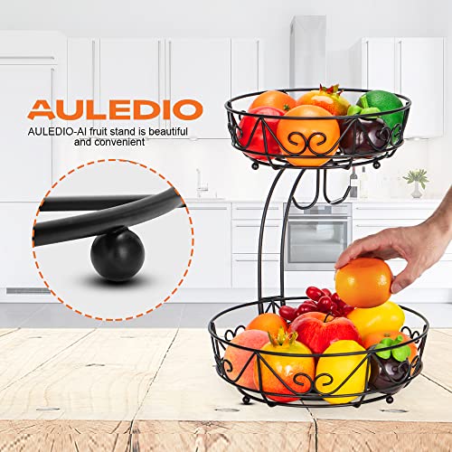 Auledio 2-Tier Countertop Fruit Vegetables Basket Bowl Storage With Double Banana Hanger, Black