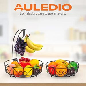 Auledio 2-Tier Countertop Fruit Vegetables Basket Bowl Storage With Double Banana Hanger, Black