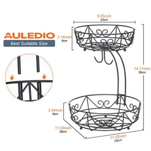 Auledio 2-Tier Countertop Fruit Vegetables Basket Bowl Storage With Double Banana Hanger, Black