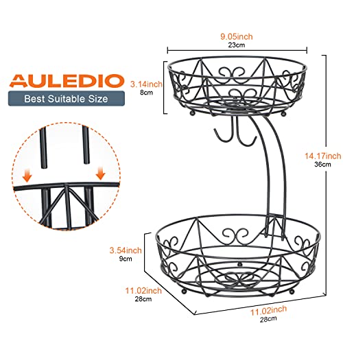 Auledio 2-Tier Countertop Fruit Vegetables Basket Bowl Storage With Double Banana Hanger, Black