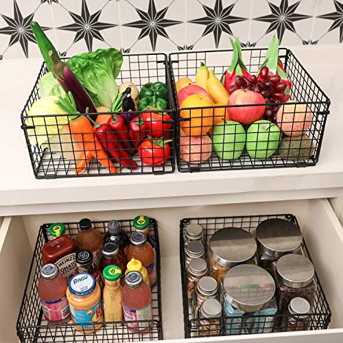 X-cosrack Foldable Cabinet Wall Mount Metal Wire Basket Organizer with Handles - 4 Pack, 12" x 12" X 6"Farmhouse Food Storage Mesh Bin for Kitchen Pantry Laundry Closet Garage Patent Design