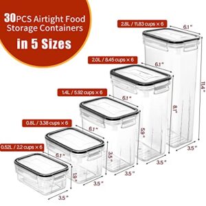 30 Pack Airtight Food Storage Containers for Kitchen Pantry Organization and Storage, BPA-Free, PRAKI Plastic Storage Canisters with Lids - Cereal, Flour and Sugar, Include 40 Labels, 6 Spoon & Marker
