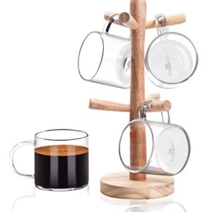 Aquach Coffee Glass Mugs Set of 4, 12 oz, Including Wooden Cup Holder Tree, 6 Hooks
