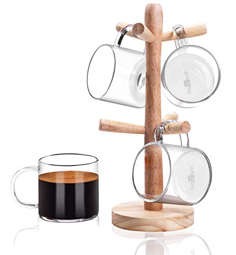 Aquach Coffee Glass Mugs Set of 4, 12 oz, Including Wooden Cup Holder Tree, 6 Hooks