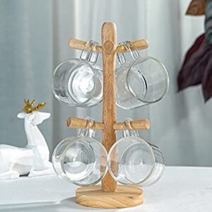 Aquach Coffee Glass Mugs Set of 4, 12 oz, Including Wooden Cup Holder Tree, 6 Hooks