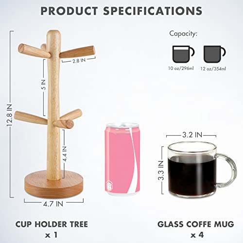 Aquach Coffee Glass Mugs Set of 4, 12 oz, Including Wooden Cup Holder Tree, 6 Hooks