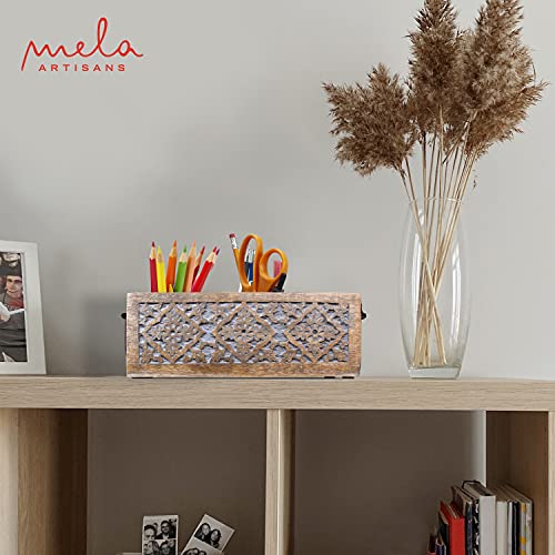 3-Slot Wooden Desk Organizer – Multi-Purpose Utensil Caddy for Kitchen Countertop, Work Desk, Bathroom, Cutlery Caddy, Pencil Caddy, Office Supplies Organizer – 13.75 Inches, Grey Over Natural/Black