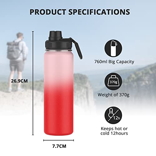 Stainless Steel Vacuum Insulated Flask, Leak-proof, BPA-free Double Walled Thermal Mug for Coffee & Tea, 0.76L Sports Water Bottle, Travel Water Bottle for Hot or Cold Drink, Pink…
