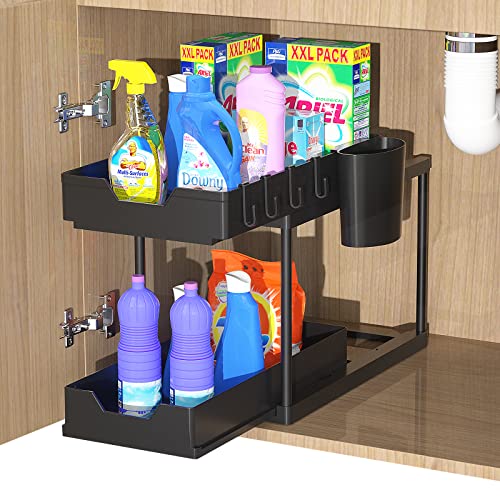 Vantency TANVENCY Double Sliding Cabinet Organizer, Pull Out Bathroom Shelf Organizer Rack With 2 Drawers, 2 Tier Under Sink Organizers and Storage for Kitchen, Bathroom