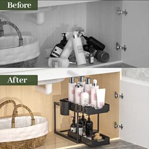 Vantency TANVENCY Double Sliding Cabinet Organizer, Pull Out Bathroom Shelf Organizer Rack With 2 Drawers, 2 Tier Under Sink Organizers and Storage for Kitchen, Bathroom