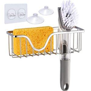 sponge holder for kitchen sink with adhesive hook & suction cups – 2 in 1 sink caddy for sponges, dish brush, scrubbers, soap – 304 stainless steel kitchen bathroom organizer accessories – polished