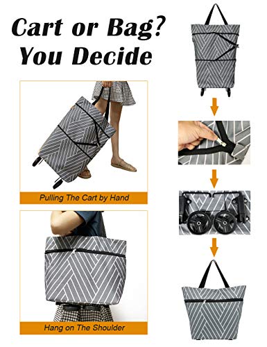 Reusable Grocery Bags with Wheels Foldable Shopping Bags - Waterproof & Strong(Grey Line)