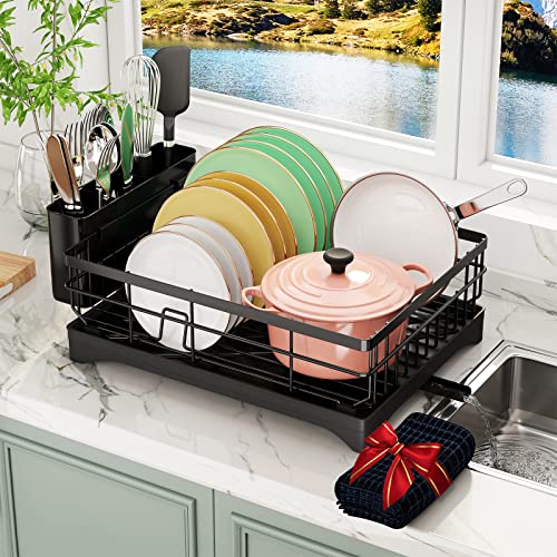 coobest Dish Drying Rack, Dish Rack with Utensil Holder and Dish Drying Mat, 360° Removable Drainboard, Drying Rack for Kitchen Counter, Kitchen Gadgets and Kitchen Organization