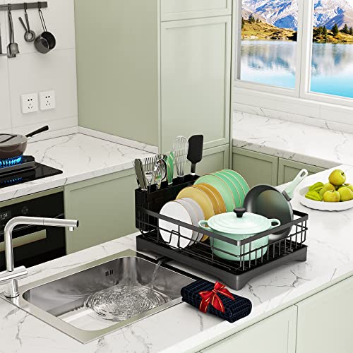 coobest Dish Drying Rack, Dish Rack with Utensil Holder and Dish Drying Mat, 360° Removable Drainboard, Drying Rack for Kitchen Counter, Kitchen Gadgets and Kitchen Organization