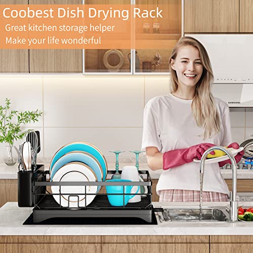 coobest Dish Drying Rack, Dish Rack with Utensil Holder and Dish Drying Mat, 360° Removable Drainboard, Drying Rack for Kitchen Counter, Kitchen Gadgets and Kitchen Organization