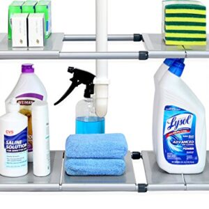 Simple Houseware Under Sink 2 Tier Expandable Heavy Duty Metal Shelf Organizer Rack, Silver (Expand from 15 to 25 inches)