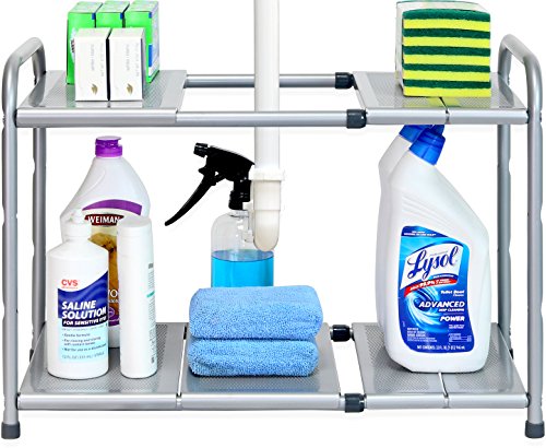 Simple Houseware Under Sink 2 Tier Expandable Heavy Duty Metal Shelf Organizer Rack, Silver (Expand from 15 to 25 inches)