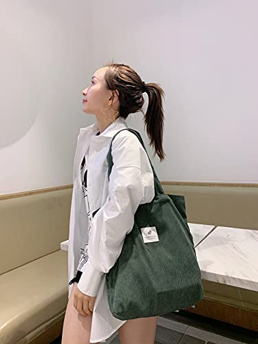 Geerta Corduroy Bag Green for Women Shoulder Bag with Inner Pocket Olive Green Tote Aesthetic Corduroyed Canvas Purse with Design for Work Beach Lunch Travel and Shopping Grocery