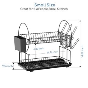 GSlife Small Dish Drying Rack - 2-Tier Dish Rack with Drainboard, Utensils Holder, Glass Holder for Kitchen Counter, Tiered Dish Drainer for Small Space, Black