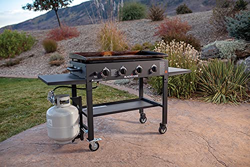 Blackstone 36 Inch Gas Griddle Cooking Station 4 Burner Flat Top Gas Grill Propane Fuelled Restaurant Grade Professional 36” Outdoor Griddle Station with Side Shelf (1554)