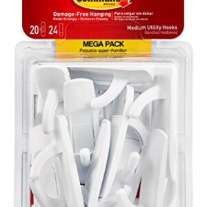 Command Medium Utility Hooks, Damage Free Hanging Wall Hooks with Adhesive Strips, No Tools Wall Hooks for Hanging Organizational Items in Living Spaces, 20 White Hooks and 24 Command Strips