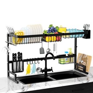 merrybox over the sink dish drying rack (33.4″-41.3″) large upgraded 2 tier length & height adjustable stainless steel dishes drainer for kitchen counter space saving storage organizer, black