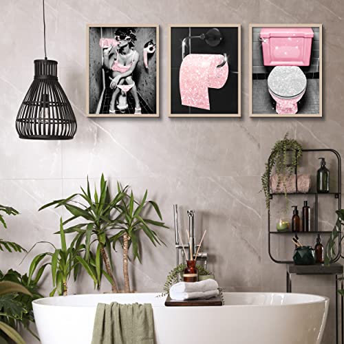 Luodroduo Fashion Wall Art Bathroom Decor Prints Set of 6 Pink Glam Glitter Tissue Canvas Posters Pictures Photos Bathroom Artwork Wall Black and White Modern Women Funny Bathroom (8"x10" UNFRAMED)