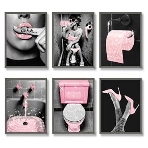 luodroduo fashion wall art bathroom decor prints set of 6 pink glam glitter tissue canvas posters pictures photos bathroom artwork wall black and white modern women funny bathroom (8″x10″ unframed)