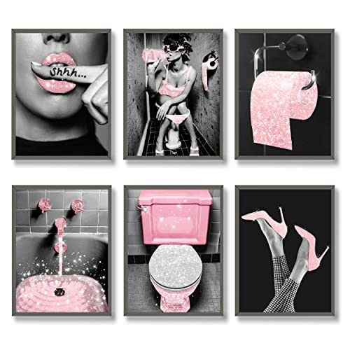 Luodroduo Fashion Wall Art Bathroom Decor Prints Set of 6 Pink Glam Glitter Tissue Canvas Posters Pictures Photos Bathroom Artwork Wall Black and White Modern Women Funny Bathroom (8"x10" UNFRAMED)