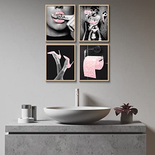 Luodroduo Fashion Wall Art Bathroom Decor Prints Set of 6 Pink Glam Glitter Tissue Canvas Posters Pictures Photos Bathroom Artwork Wall Black and White Modern Women Funny Bathroom (8"x10" UNFRAMED)