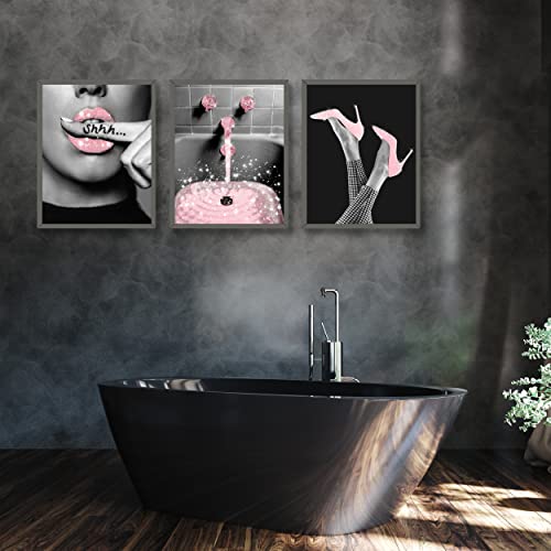 Luodroduo Fashion Wall Art Bathroom Decor Prints Set of 6 Pink Glam Glitter Tissue Canvas Posters Pictures Photos Bathroom Artwork Wall Black and White Modern Women Funny Bathroom (8"x10" UNFRAMED)