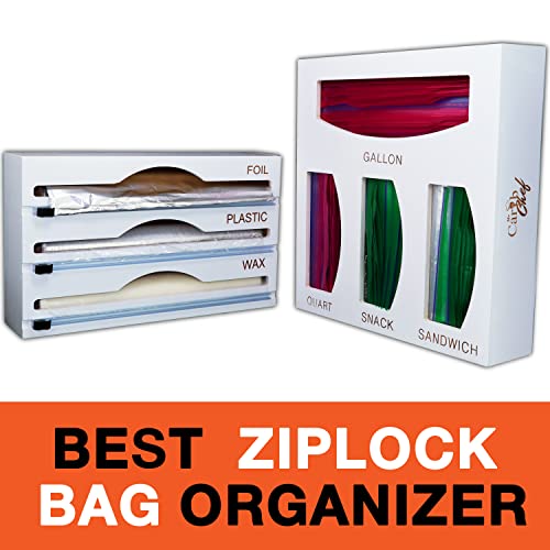 White Ziplock Bag Storage Organizer for kitchen Drawer | Plastic Wrap Organizer Dispenser with Cutter| Bamboo Ziploc Baggie Holder | Compatible with Ziploc Baggie Organizer | Bamboo Plastic Bag Dispenser for Gallon, Quart, Snack Sandwich bags & Plastic Fo