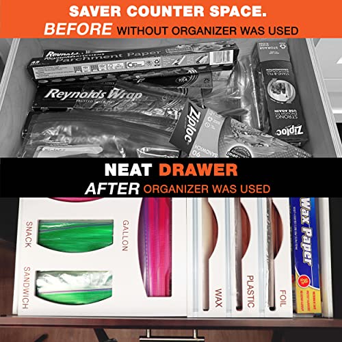 White Ziplock Bag Storage Organizer for kitchen Drawer | Plastic Wrap Organizer Dispenser with Cutter| Bamboo Ziploc Baggie Holder | Compatible with Ziploc Baggie Organizer | Bamboo Plastic Bag Dispenser for Gallon, Quart, Snack Sandwich bags & Plastic Fo